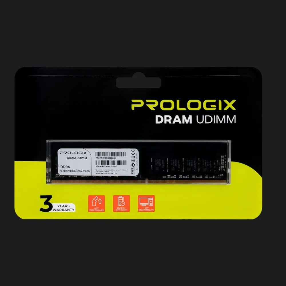 Оперативна памʼять Prologix DDR4 16GB 1x16GB 3200MHz (PRO16GB3200D4)
