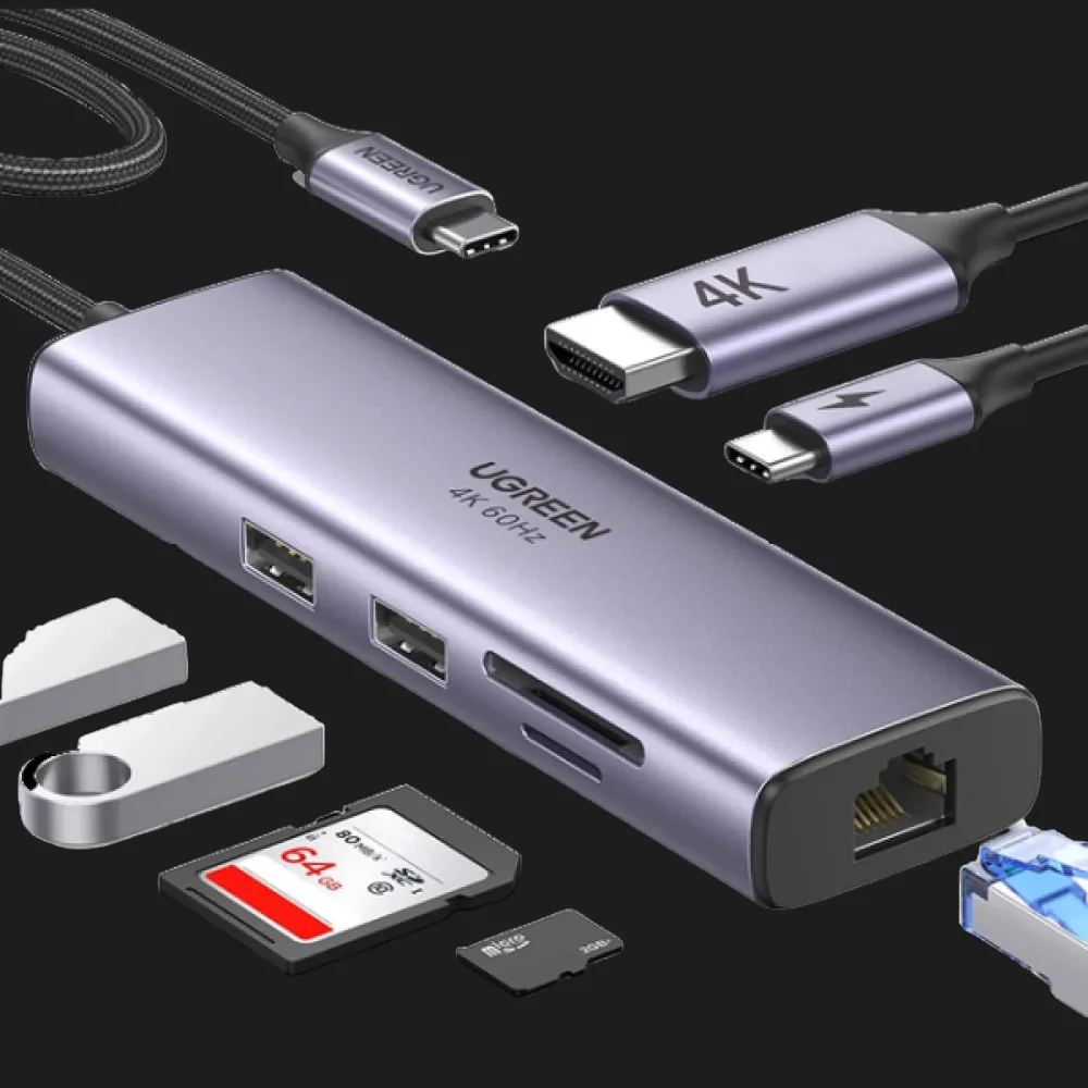 Перехідник UGREEN CM512 USB Type-C to 2xUSB3.0+HDMI+RJ45+SD&TF +PD Port Converter (Gray) (60515)