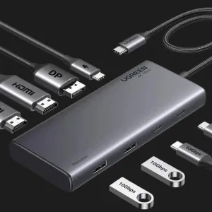 Переходник UGREEN CM639 USB-C to 2xUSB 3.2 + 2xUSB-C 3.2+ 2xHDMI + DP+ 100W PD (Gray) (35625)  в Херсоне