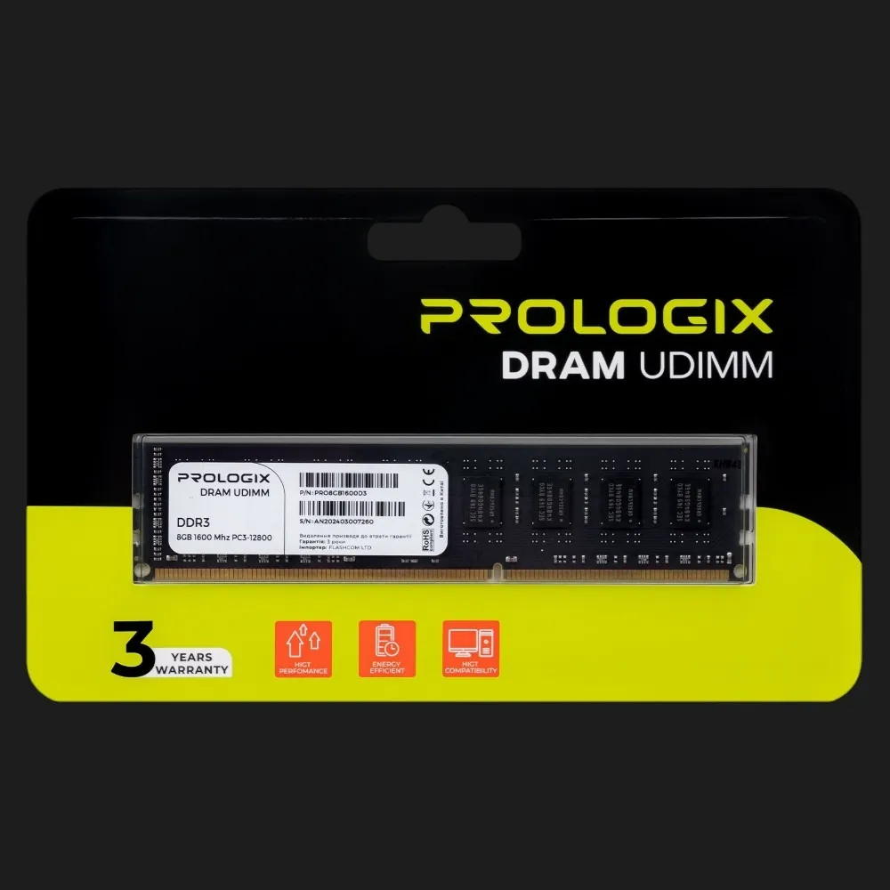 Оперативна памʼять Prologix DDR3 8GB 1x8GB 1600MHz (PRO8GB1600D3)