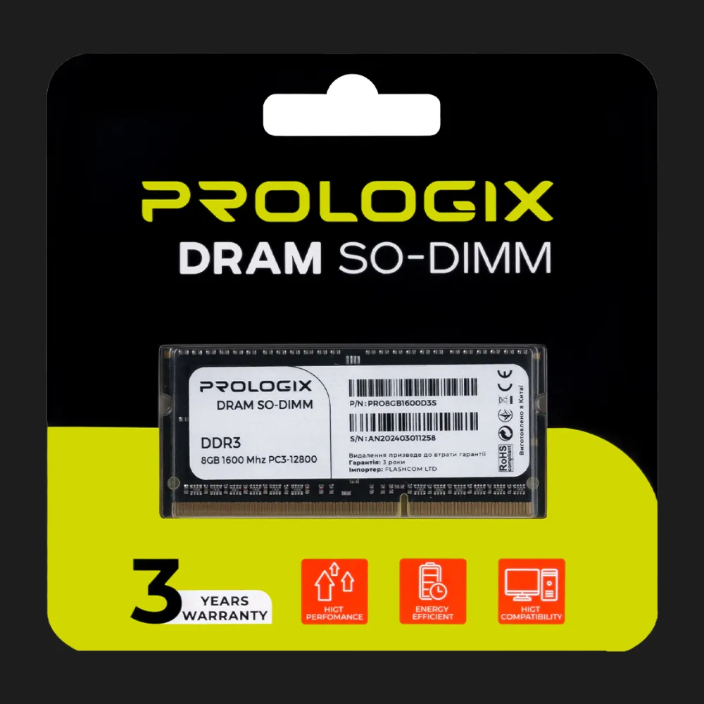 Оперативна памʼять Prologix SO-DIMM DDR3 8GB 1x8GB 1600MHz (PRO8GB1600D3S)