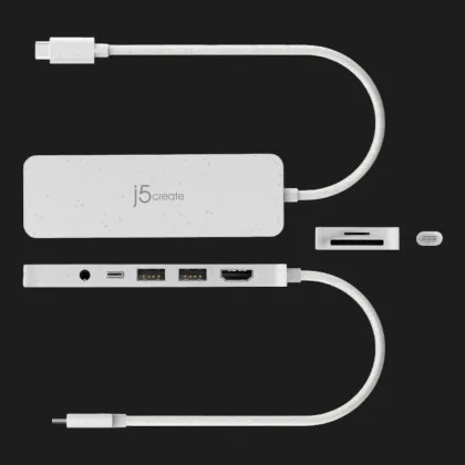 Адаптер J5create USB-C 6-in-1 (2xUSB 3.2 + USB-C PD + HDMI 4K + SD/TF + 3.5mm) (White) в Чернігові
