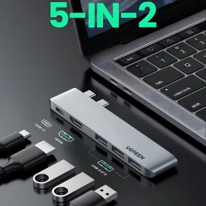 Переходник UGREEN CM251 5-in-2 Dual USB Type-C to 3x USB 3.0 + HDMI + USB Type-C (Space Gray) в Херсоне